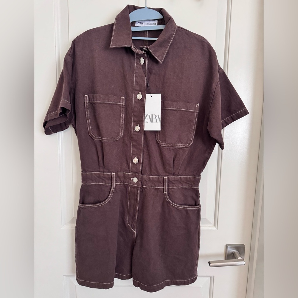 Brown Short Sleeve Denim Jumpsuit
